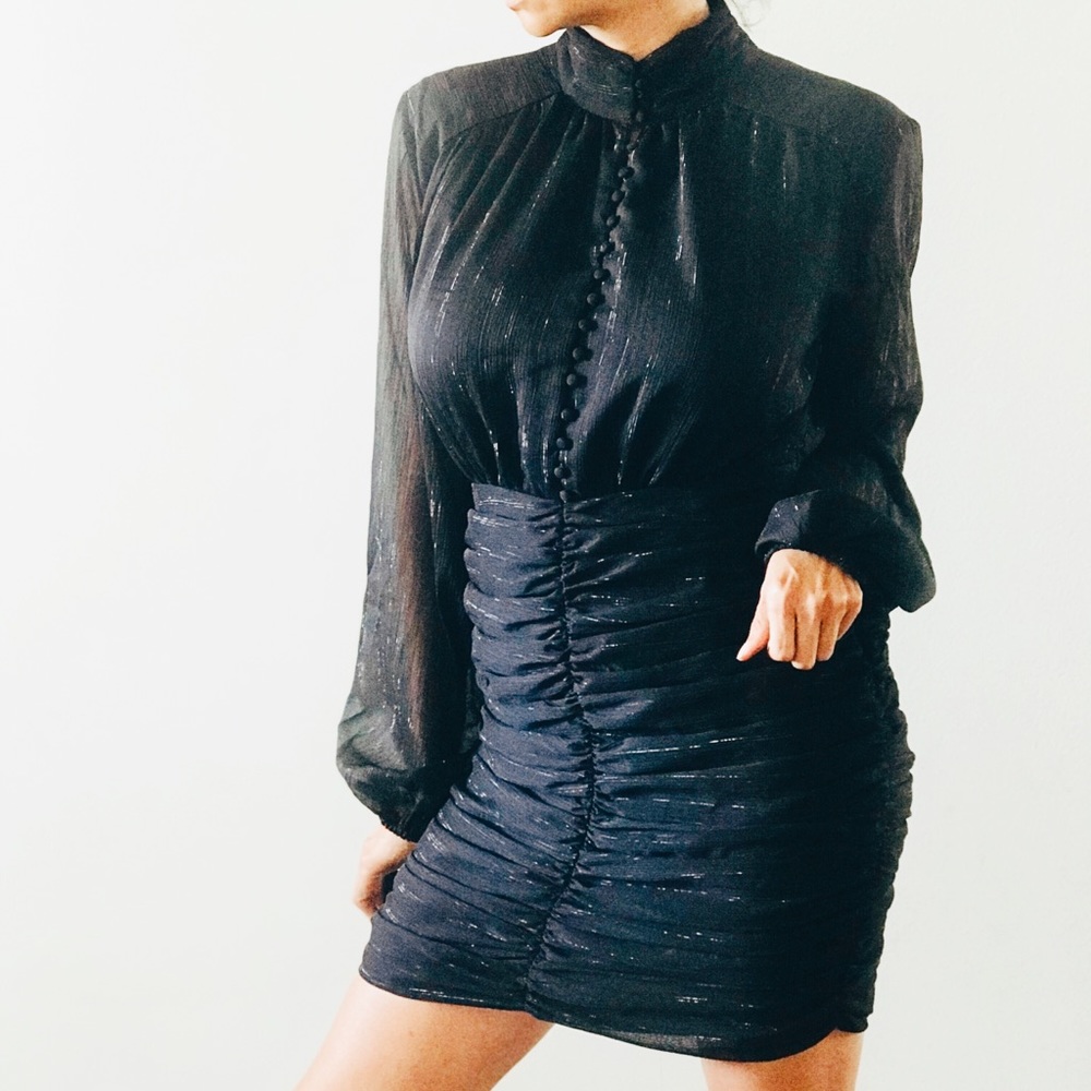 NWT House of Harlow 1960 long sleeve Ruched black mini dress Sz 6